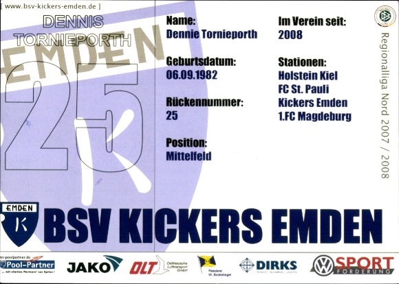 Karta autografu piłkarza Dennisa Tornieportha, BSV Kickers Emden, autograf