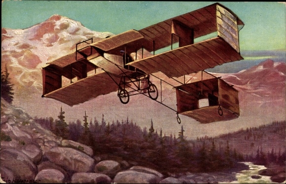 Artist PC Hildebrandt, Zipfels flying machine, double-decker aircraft in the mountains, aviation pioneer