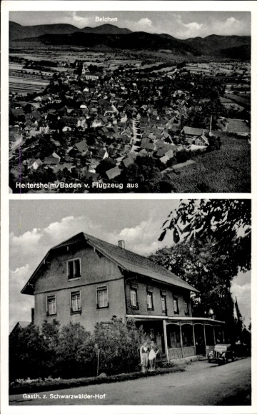 Postcard Heitersheim in the Black Forest, aerial photograph, Gasthaus zum Schwarzwälder Hof