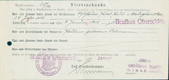 Sterbeurkunde, Maliglowka, 35 Jahre, 9. Januar 1936, Bytom