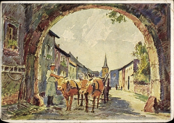 Künstler Ak Graf, Karl, Berus bei Saarlautern, alte Römersiedlung, Bauer mit Rindergespann am Tor