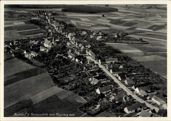 Postcard Buchdorf near Donauwörth Swabia, aerial view of Buchdorf, streets, fields, houses