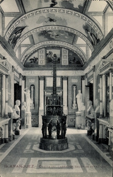 Postcard Aranjuez Madrid Spain, room with statues, columns, decorative floor, ornate ceiling