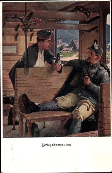 Artist Postcard War Comrades, Two smoking soldiers in a train compartment, Austrians