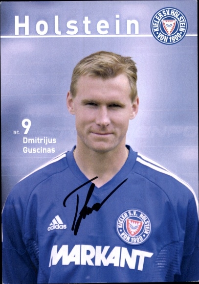Karta autografów piłkarza Dmitrijusa Guscinasa, Holstein Kiel, autograf