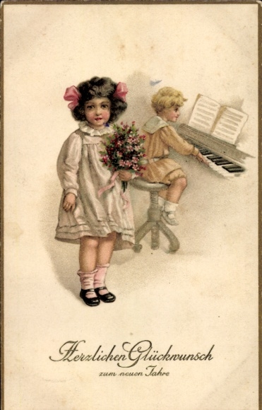 Ak Gelukkig nieuwjaar, kinderen, jongen aan de piano, meisje met boeket