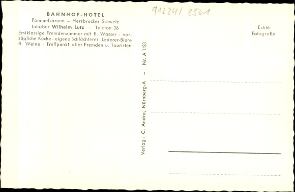 Postcard Pommelsbrunn in Middle Franconia, station hotel, owner Wilhelm Lutz, restaurant
