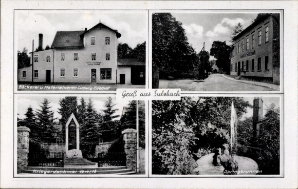 Postcard Sulzbach Apolda in Weimarer Land, bakery Ludwig Edelhof, war memorial 1914-16, fountain