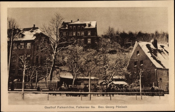 Postcard Falkenau Flöha in Sachsen, Gasthof Falkenhöhe, owned by Georg Pönisch, winter