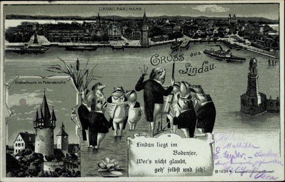 Moonlight Chromo-Litho Lindau on Lake Constance Swabia, panorama, thief tower, St. Peter&#39;s Church, singing frogs