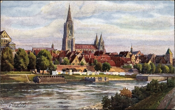 Artist PC Marschall, V., Ulm on the Danube, view over the river to the city