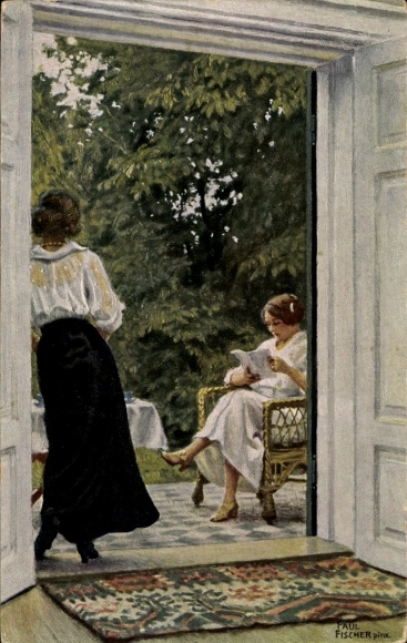 Artist Postcard Fischer, P., Summertime, Woman Reading