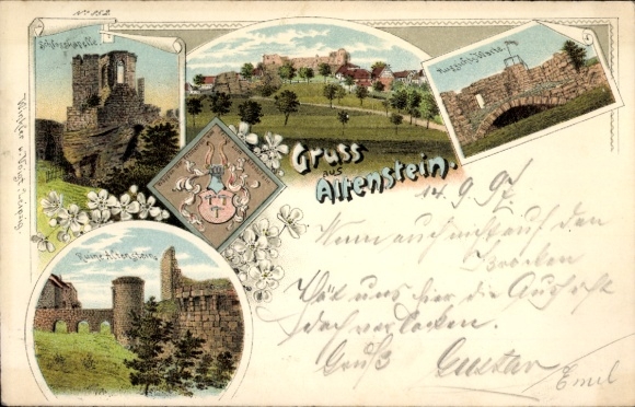 Postcard Altenstein Bad Liebenstein in the Wartburg district, various views of ruins, bridge, color