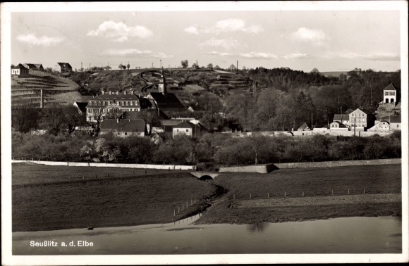 Ak Diesbar Seusslitz aan de Elbe, uitzicht op de stad, villa's, kanaalmonding