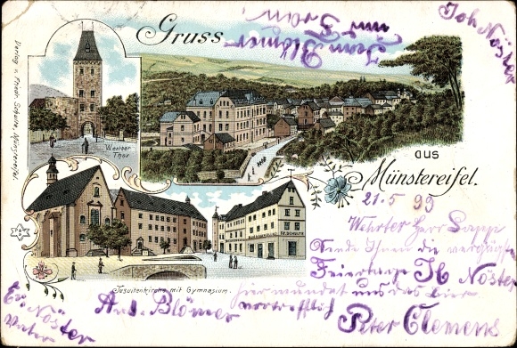 Chromo-Litho Bad Münstereifel in North Rhine-Westphalia, Jesuit church with grammar school, gate