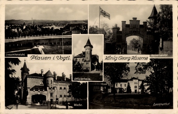 Postcard Plauen in the Vogtland, general view, officers' mess, King George Barracks, barracks gate, guardhouse, Laz