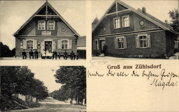 Ak Zühlsdorf Mühlenbecker Land Oberhavel, herberg, begroeting van zittende mensen, straatbeeld