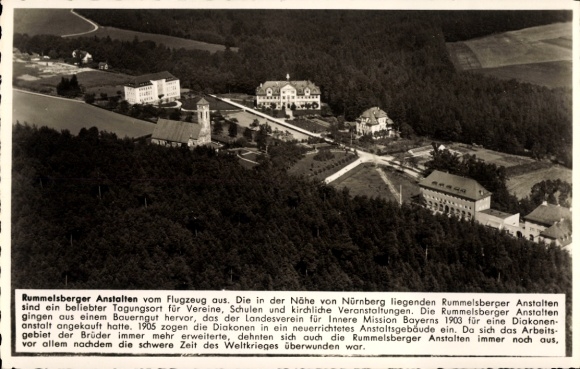 Ak Schwarzenbruck in Mittelfranken Bayern, Anstalten Rummelsberg, Fliegeraufnahme