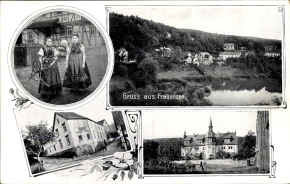 Postcard Frauensee Wartburgkreis, Gasthaus Buchonia, castle, woman in traditional costumes