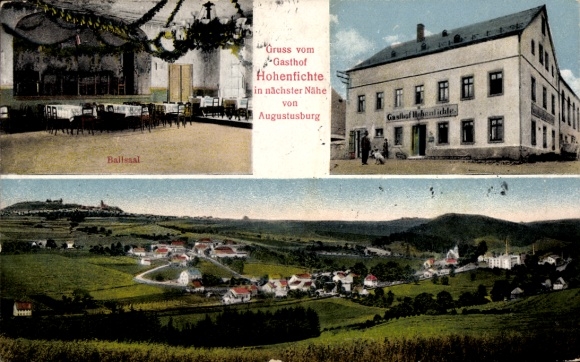 Ak Hohenfichte Leubsdorf in Sachsen, Ballesal, Gasthof Hohenfichte, Ansicht von Hohenfichte