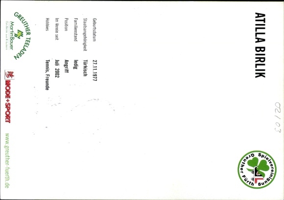 Handtekeningkaart voetballer Atilla Birlik, SpVgg Greuther Fürth, handtekening