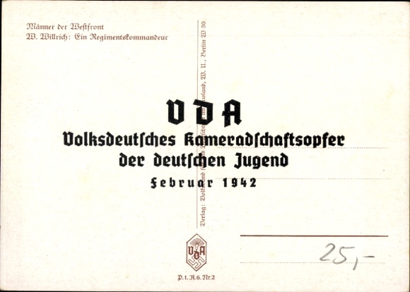 Artist Postcard Willrich, Wolfgang, Horst von Wolff, Regimental Commander, Wehrmacht, VDA P 1 R 5 No. 2