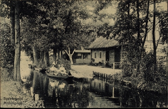 Postcard Burg im Spreewald, view of the Mühlspree, barge with passengers, house