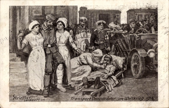 Artist Postcard Strieffler, transport of the wounded in World War 1914, German Red Cross, WWI