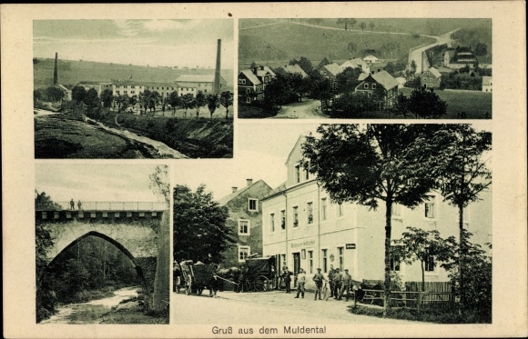 Postcard Greetings from the Muldental, inn, bridge factory, road section