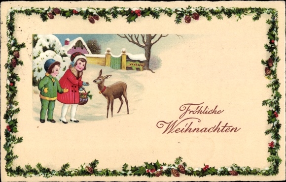 Ak Glückwunsch Weihnachten, Kinder füttern ein Reh