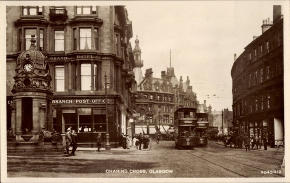 Postcard Glasgow Scotland, Charing Cross, Grand Hotel, Post Office, Tram