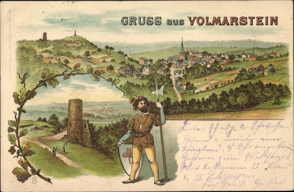 Chromo-Litho Volmarstein Wetter on the Ruhr, general view, tower, knight