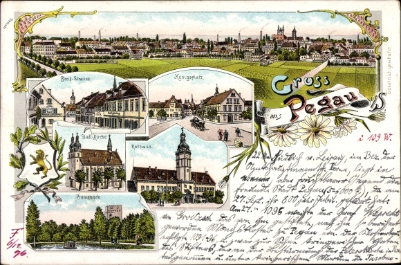 Chromo-Litho Pegau in Saxony, Königsplatz, town hall, town church, promenade, view of the town