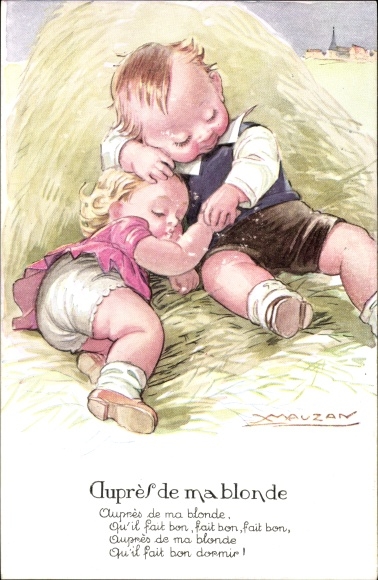 Kunstenaar Ak Mauzan, kinderen slapen op stro, Aupres de ma blonde