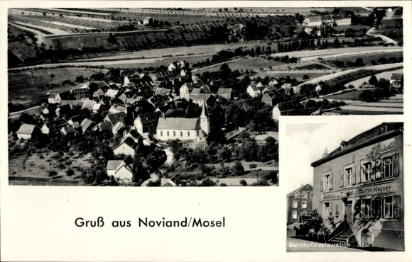 Ak Noviand an der Mosel, Fliegeraufnahme, Bahnhofsrestauration
