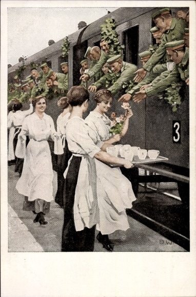 Artist Postcard Wennerberg, B., refreshment station, soldiers getting drinks, train, women