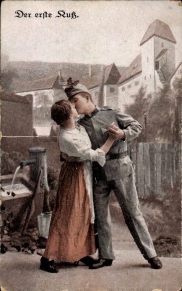 Postcard The First Kiss, Soldier Kisses Wife, WWI