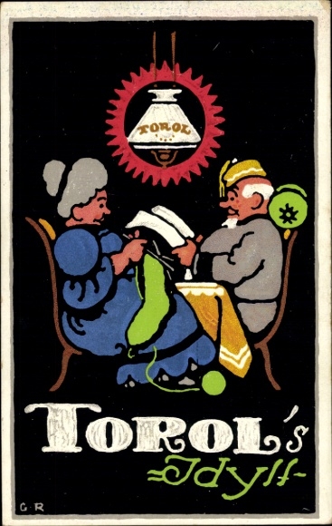 Artist PC advertising, Torol glow body, married couple, woman knitting