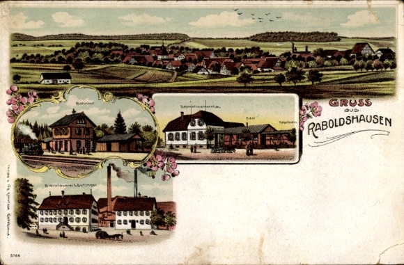 Chromo-Litho Raboldshausen Neuenstein in Hesse, train station, spinning mill