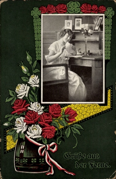 PC Greetings from afar, woman with letter, bouquet of flowers, lucky clover, roses