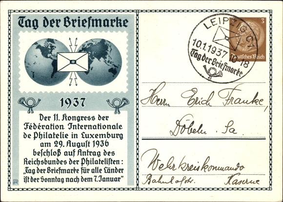 Postwaardestuk postzegeldag 1937, 11e Congres van de Fédération Int. de Filatelie in Luxemburg
