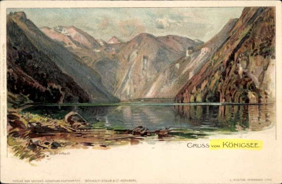 Artist Chromo-Litho Deuchert, Königsee Königssee Upper Bavaria, lake, mountains