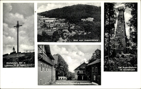 Postcard Büchelstein Grattersdorf Lower Bavaria, Brotjacklriegel, observation tower in the Sonnenwald, inn