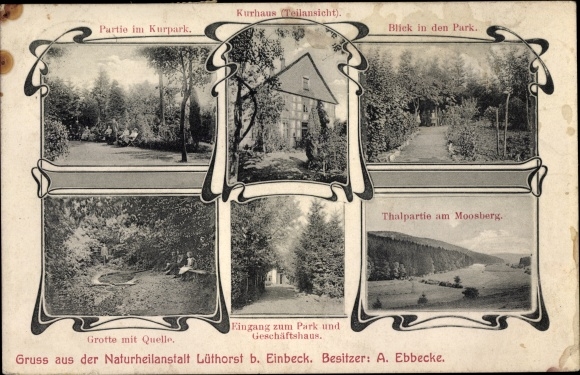 Art Nouveau pocztówka Lüthorst Dassel w Dolnej Saksonii, dom zdrojowy, sanatorium naturalne, ogrody zdrojowe, grota