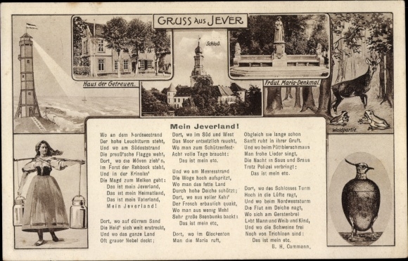 Poem Postcard Jever in Oldenburg Friesland, Kiebitzbecher, Mein Jeverland, lighthouse, house of the faithful