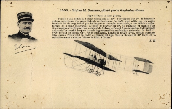 Postcard Aviation, Biplan M. Farman, pilot for Captain Casse, aircraft type military