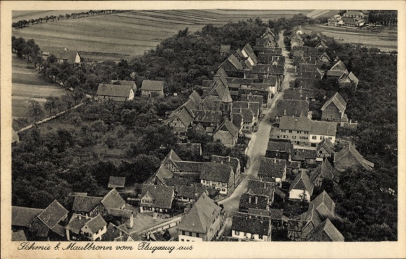 Postcard Schmie Maulbronn in the Enzkreis, aerial view, residential buildings, road layout, rural surroundings
