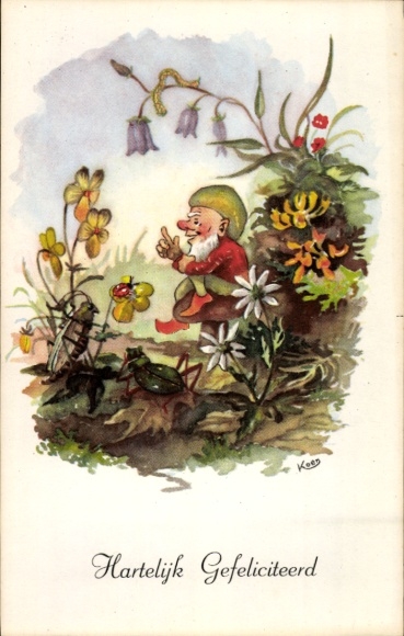 Artist Postcard Congratulations, Dwarf, Flowers, Grasshopper