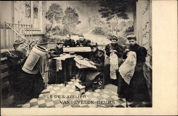 Postcard Brussels, Royal Lace Manufactory Vandevelde Geurs, lace makers, workshop