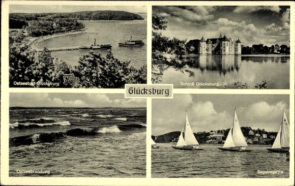 Postcard Glücksburg on the Baltic Sea, castle, sailing regatta, surf